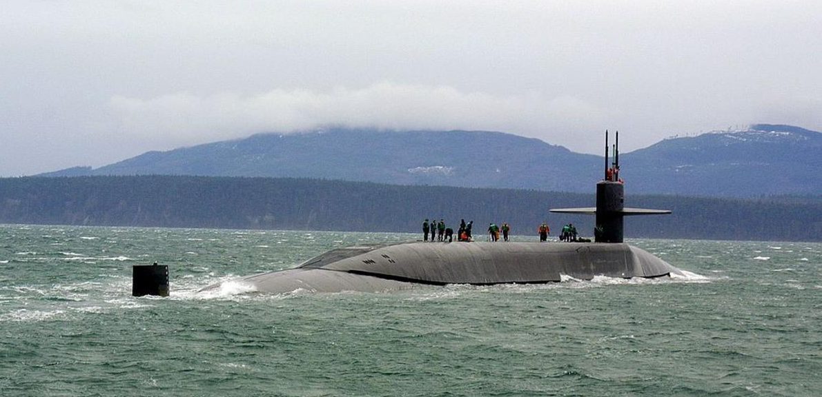AT SEA - JANUARY 29: In this handout provided by the U.S. Navy, the guided missile submarine USS Ohio (SSGN 726) stops for a personnel boat transfer January 29, 2006 off the coast of Puget Sound, Washington. Media were transported to Ohio to see the new capabilities that the submarine now brings to the joint warfighter. Ohio is the first ballistic missile submarine to complete conversion to the new class of guided missile submarines (SSGN). Three other submarines are undergoing the SSGN conversion process including USS Michigan (SSGN 727), Florida (SSGN 727) and Georgia (SSGN 729). (Photo by Dave Fliesen/U.S. Navy via Getty Images)