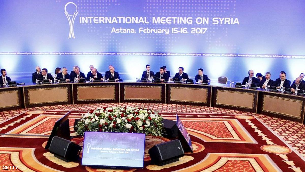 Representatives of the Syria regime and rebel groups along with other attendees take part in the second session of Syria peace talks at the Rixos President Hotel in Astana, on February 16, 2017.
Representatives from the Syrian government and rebel groups held fresh talks on February 16, 2017 with key powerbrokers Russia, Turkey and Iran aimed at shoring up a fragile ceasefire. The meeting is the second time key players Moscow, Ankara and Tehran have brought the warring sides together, and comes ahead of a new round of UN-led talks on Syria in Geneva on February 23. / AFP / Stanislav FILIPPOV (Photo credit should read STANISLAV FILIPPOV/AFP/Getty Images)