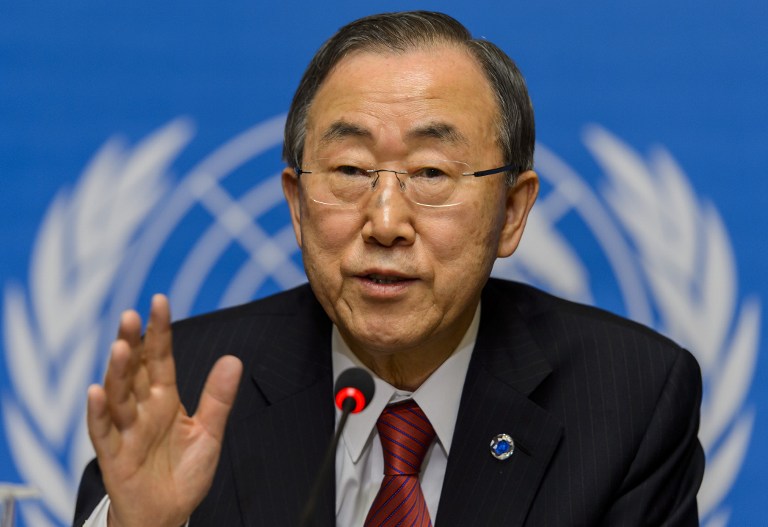 UN Secretary General Ban Ki-moon gives a press conference at the UN Human rights Council session on March 3, 2014 in Geneva. Ban Ki-moon will meet later with Russian Foreign Minister Sergei Lavrov under the shadow of a spiralling crisis in Ukraine. AFP PHOTO / FABRICE COFFRINI