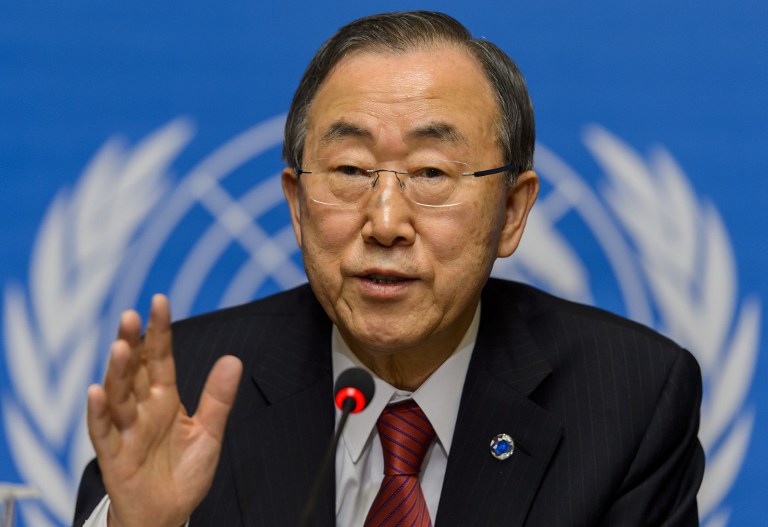 UN Secretary General Ban Ki-moon gives a press conference at the UN Human rights Council session on March 3, 2014 in Geneva. Ban Ki-moon will meet later with Russian Foreign Minister Sergei Lavrov under the shadow of a spiralling crisis in Ukraine. AFP PHOTO / FABRICE COFFRINI