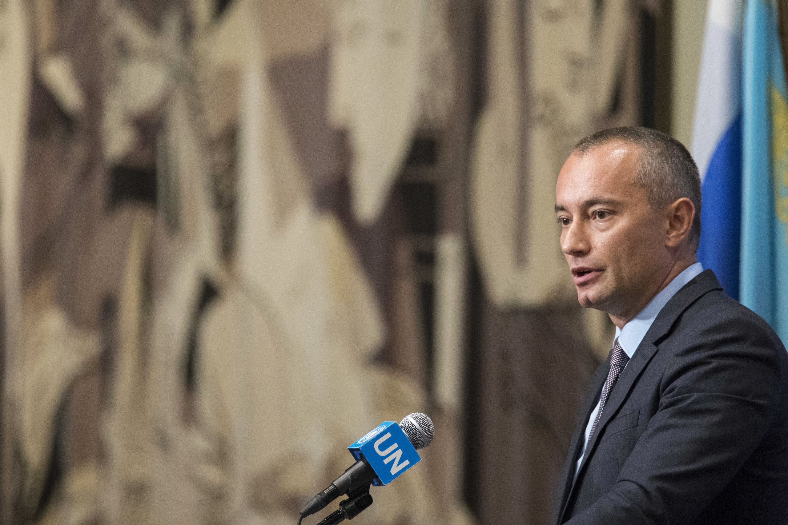 Nickolay Mladenov, United Nations Special Coordinator for the Middle East Peace Process, speaks to reporters about the situation in Israel outside Security Council chambers, Monday, July 24, 2017 at United Nations headquarters. (AP Photo/Mary Altaffer)