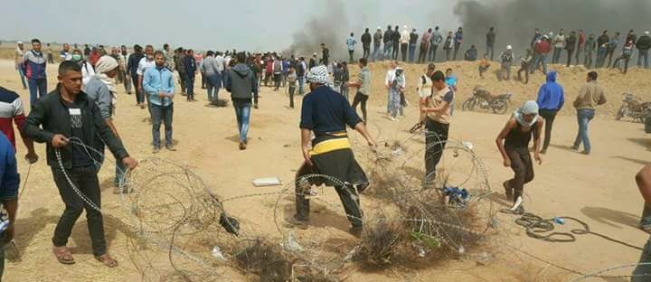 غزة:شبان يسحبون السياج الامني