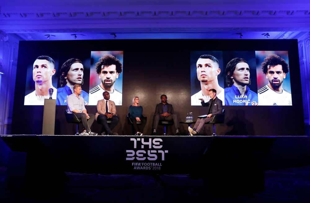 Soccer Football - The Best FIFA Football Awards 2018 finalists announcement - London, Britain - September 3, 2018 Former players Peter Schmeichel, Sol Campbell, Kelly Smith and Kanu on stage during the announcement Action Images via Reuters/Matthew Childs