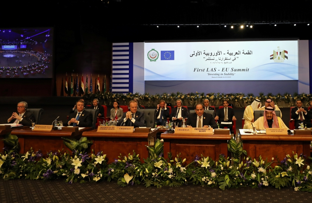 Egyptian President Abdel Fattah al-Sisi speaks during a summit between Arab league and European Union member states, in the Red Sea resort of Sharm el-Sheikh, Egypt, February 24, 2019. REUTERS/Mohamed Abd El Ghany