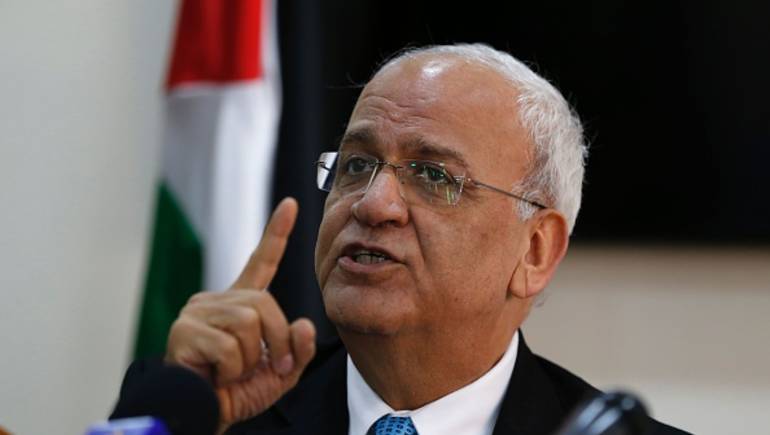 Palestinian chief negotiator, Saeb Erekat, speaks to journalists during a press conference in the West Bank city of Ramallah, on July 4, 2016. / AFP / ABBAS MOMANI (Photo credit should read ABBAS MOMANI/AFP/Getty Images)
