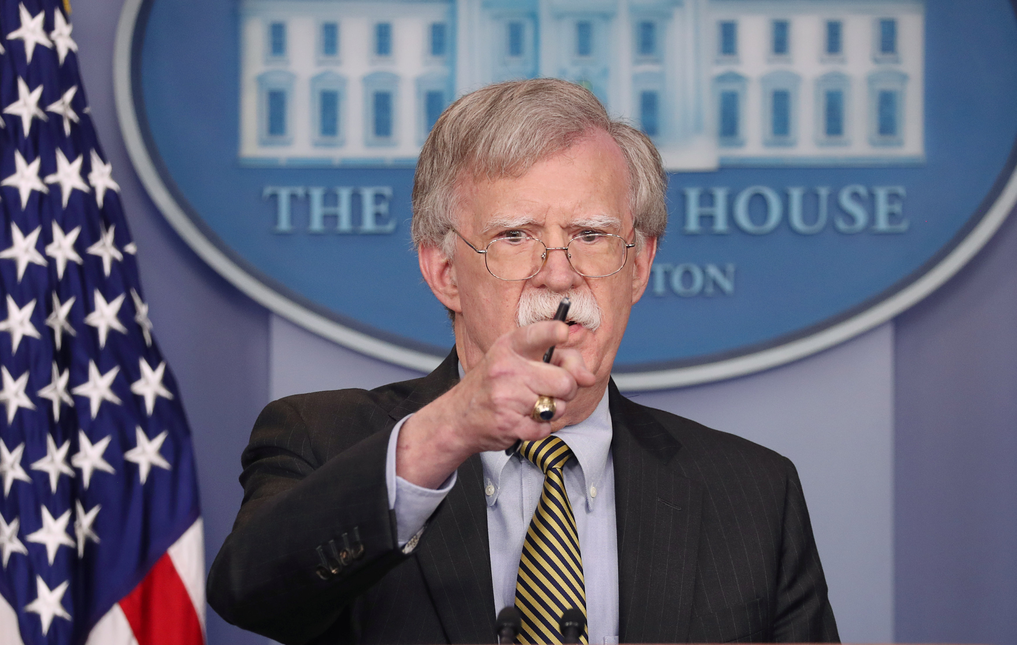 U.S. National Security Advisor John Bolton answers questions from reporters as he announces that the U.S. will withdraw from a treaty with Iran during a news conference in the White House briefing room in Washington, U.S., October 3, 2018. REUTERS/Jonathan Ernst