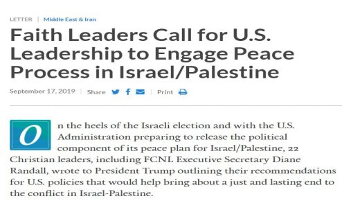 زعماء كنائس أمريكيون يبعثون برسالة للرئيس ترامب، يحددون فيها توصياتهم بشأن النزاع الفلسطيني – الإسرائيلي