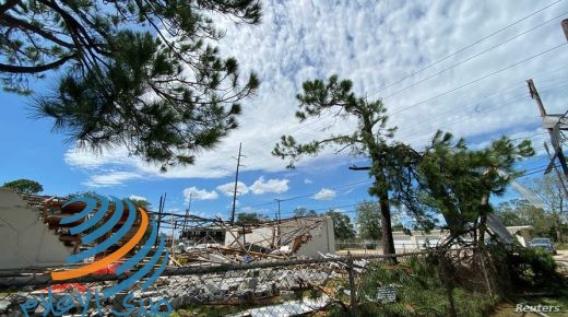 A building's roof lies in the torn branches of a nearby tree after Hurricane Laura passed through Orange, Texas, U.S. August 27, 2020. REUTERS/Julio-Cesar Chavez