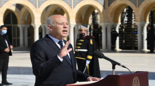 TUNIS, TUNISIA - APRIL 06: (----EDITORIAL USE ONLY MANDATORY CREDIT - "TUNISIAN PRESIDENCY / HANDOUT" - NO MARKETING NO ADVERTISING CAMPAIGNS - DISTRIBUTED AS A SERVICE TO CLIENTS----) Tunisian President Kais Saied makes a speech during an event held within the 21st death anniversary of former President Habib Bourguiba, in Tunis, Tunisia on April 06, 2021. ( Tunisian Presidency / Handout - Anadolu Agency )