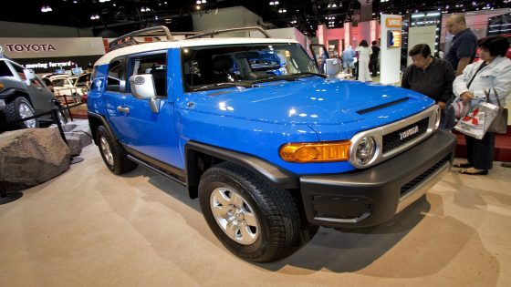 The new FJ-Cruiser by Toyota. The FJ is designed to be affordable, in a position that will be between the RAV4 and 4Runner. It is built on the same platform as the 4Runner, but 11 inches shorter with only a 4-inch shorter wheelbase, which means most of the loss came from the front and rear overhangs. Los Angeles Auto Show at the Los Angeles Convention. (Photo by Ted Soqui/Corbis via Getty Images)