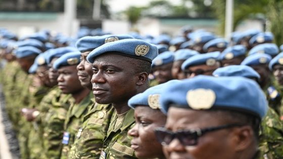 Ivorian soldiers belonging to the United Nations Multidimensional Integrated Stabilization Mission in Mali (MINUSMA) stand during a decoration ceremony at Camp Gallieni in Abidjan on January 24, 2023. - The 49 Ivorian soldiers arrested in July in Mali, where they were sentenced and then pardoned in January, were decorated on Tuesday by the chief of staff of the Ivorian army, just over two weeks after their return to Abidjan. (Photo by Sia KAMBOU / AFP) (Photo by SIA KAMBOU/AFP via Getty Images)