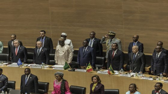 United Nation's Secretary-General Antonio Guterres (middle row L), Palestinian Prime Minister Mohammad Shtayyeh (middle row 2ndL), Moussa Faki Mahamat (middle row 3rdL), Chairperson of the African Union (AU) Commission, Senegal's President and former Chairperson of the African Union Macky Sall (middle row C), Ethiopia's Prime Minster Abiy Ahmed (middle row 3rd R), Arab League Secretary-General Ahmed Aboul-Gheit (middle row 2nd R) attend the 36th Ordinary Session of the Assembly of the African Union (AU) at the Africa Union headquarters in Addis Ababa on February 18, 2023. (Photo by Amanuel Sileshi / AFP)