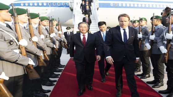 (230618) -- BERLIN, June 18, 2023 (Xinhua) -- Chinese Premier Li Qiang arrives at the Berlin Brandenburg Airport in Berlin, Germany, on June 18, 2023. At the invitation of German Chancellor Olaf Scholz, Li came to Germany for the seventh China-Germany inter-governmental consultation and an official visit. Honor guards flanked the red carpet, and representatives of the German government waited at the airport to welcome him. (Xinhua/Huang Jingwen)