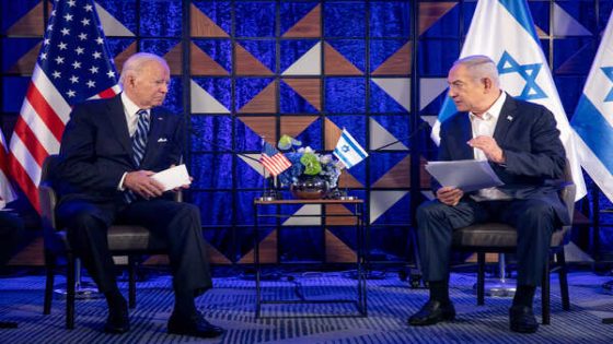 (231019) -- TEL AVIV, Oct. 19, 2023 (Xinhua) -- Israeli Prime Minister Benjamin Netanyahu (R) meets with U.S. President Joe Biden in Tel Aviv, Israel, on Oct. 18, 2023. (Miriam Alster/JINI via Xinhua)
