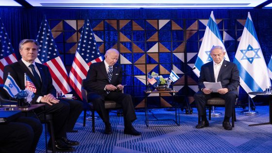US Secretary of State Antony Blinken (L) and US President Joe Biden (top C) listen as Israel's Prime Minister Benjamin Netanyahu (R) reads a statements before their meeting in Tel Aviv on October 18, 2023. US President Joe Biden landed in Tel Aviv on October 18, 2023 as Middle East anger flared after hundreds were killed when a rocket struck a hospital in war-torn Gaza, with Israel and the Palestinians quick to trade blame. (Photo by Brendan Smialowski / AFP)