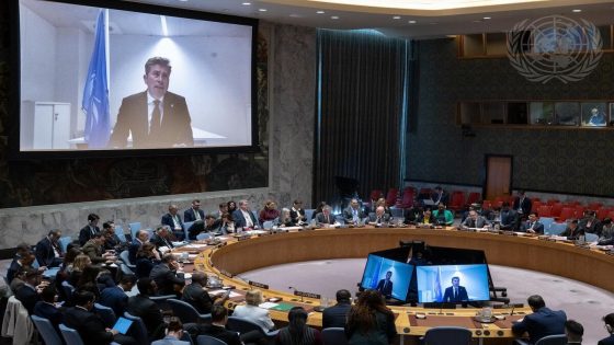 Tom Fletcher (on screen), Under-Secretary-General for Humanitarian Affairs and Emergency Relief Coordinator, briefs the Security Council meeting on the situation in the Middle East, including the Palestinian question.