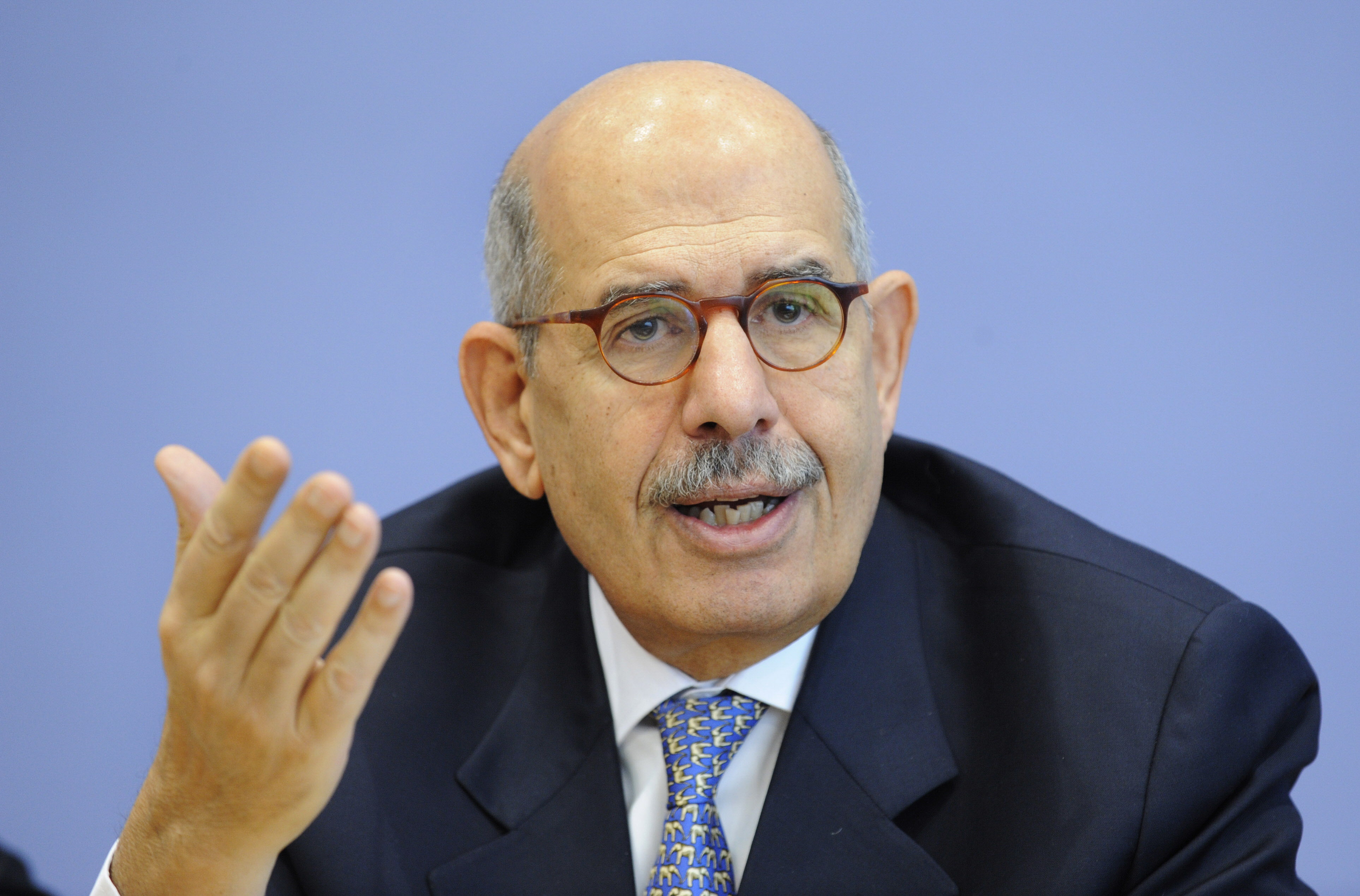 TO GO WITH AFP STORY BY Simon Morgan(FILES) Mohamed ElBaradei, chief of the International Atomic Energy Agency (IAEA), addresses a press conference in Berlin on November 20, 2009. UN atomic watchdog chief Mohamed ElBaradei, who once described himself as a "nuclear pope", quoted the prayer of St. Francis of Assisi in his farewell remarks on November 27, 2009 at the International Atomic Energy Agency. AFP PHOTO / JOHN MACDOUGALL