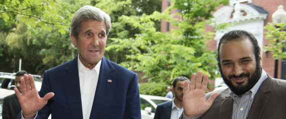 US Secretary of State John Kerry (L) greets Saudi Deputy Crown Prince Mohammed bin Salman outside Kerry's residence prior to their meeting on June 13, 2016, in Washington, DC. / AFP / MOLLY RILEY (Photo credit should read MOLLY RILEY/AFP/Getty Images)