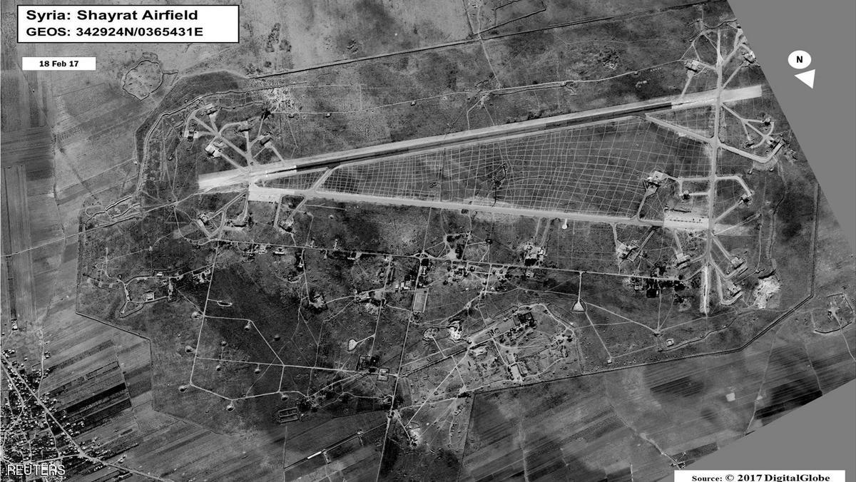 Shayrat Airfield in Homs, Syria is seen in this DigitalGlobe satellite image on February 18, 2017 and released by the U.S. Defense Department on April 6, 2017 after announcing U.S. forces conducted a cruise missile strike against the Syrian Air Force airfield. DigitalGlobe/Courtesy U.S. Department of Defense/Handout via REUTERS ATTENTION EDITORS - THIS IMAGE WAS PROVIDED BY A THIRD PARTY. EDITORIAL USE ONLY. NO RESALES. NO ARCHIVE. MANDATORY CREDIT.