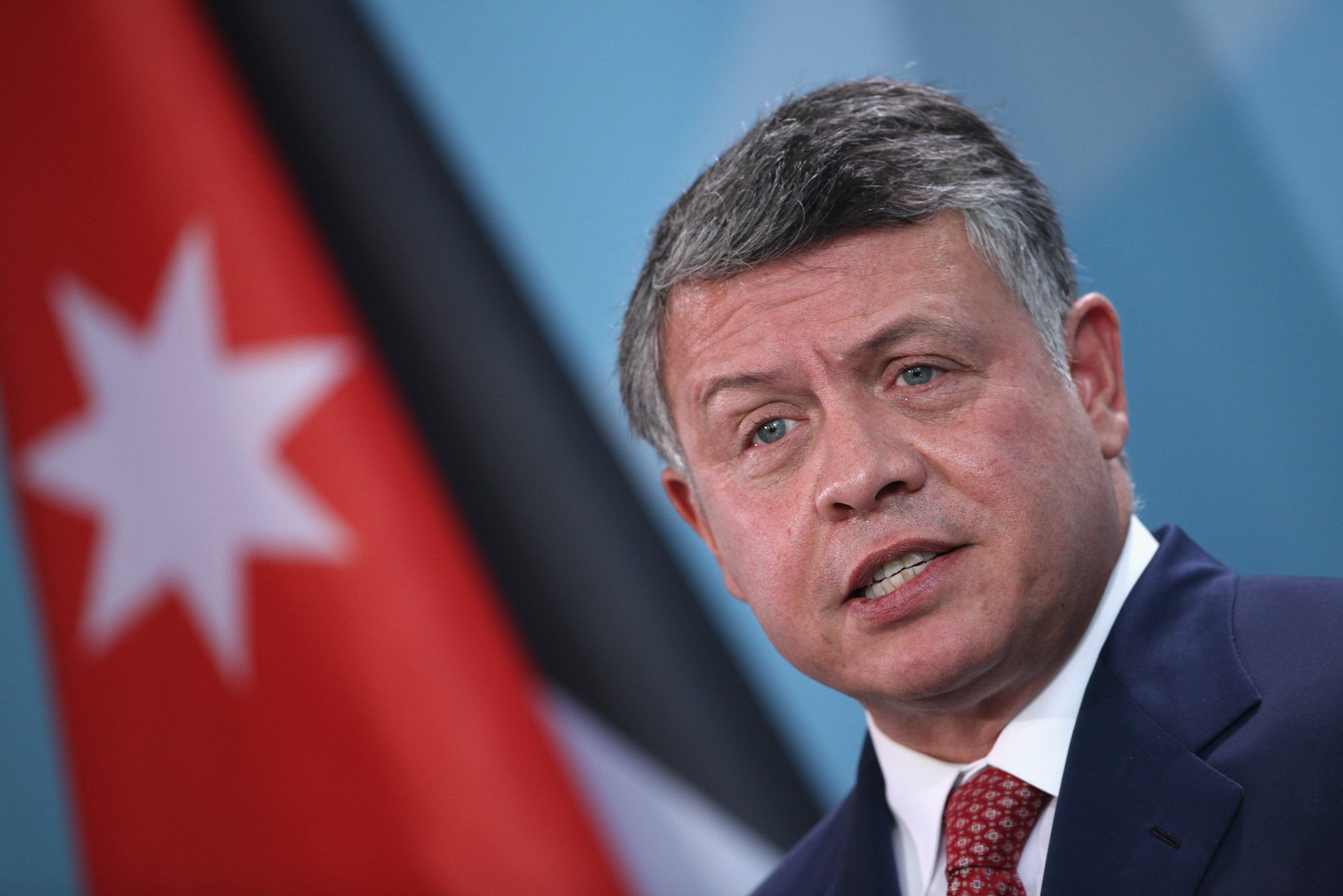 BERLIN, GERMANY - NOVEMBER 29: King Abdullah II of Jordanspeaks to the media following talks with German Chancellor Angela Merkel at the Chancellery on November 29, 2011 in Berlin, Germany. The two leaders discussed, among other topics, the current situation in Syria. (Photo by Sean Gallup/Getty Images)