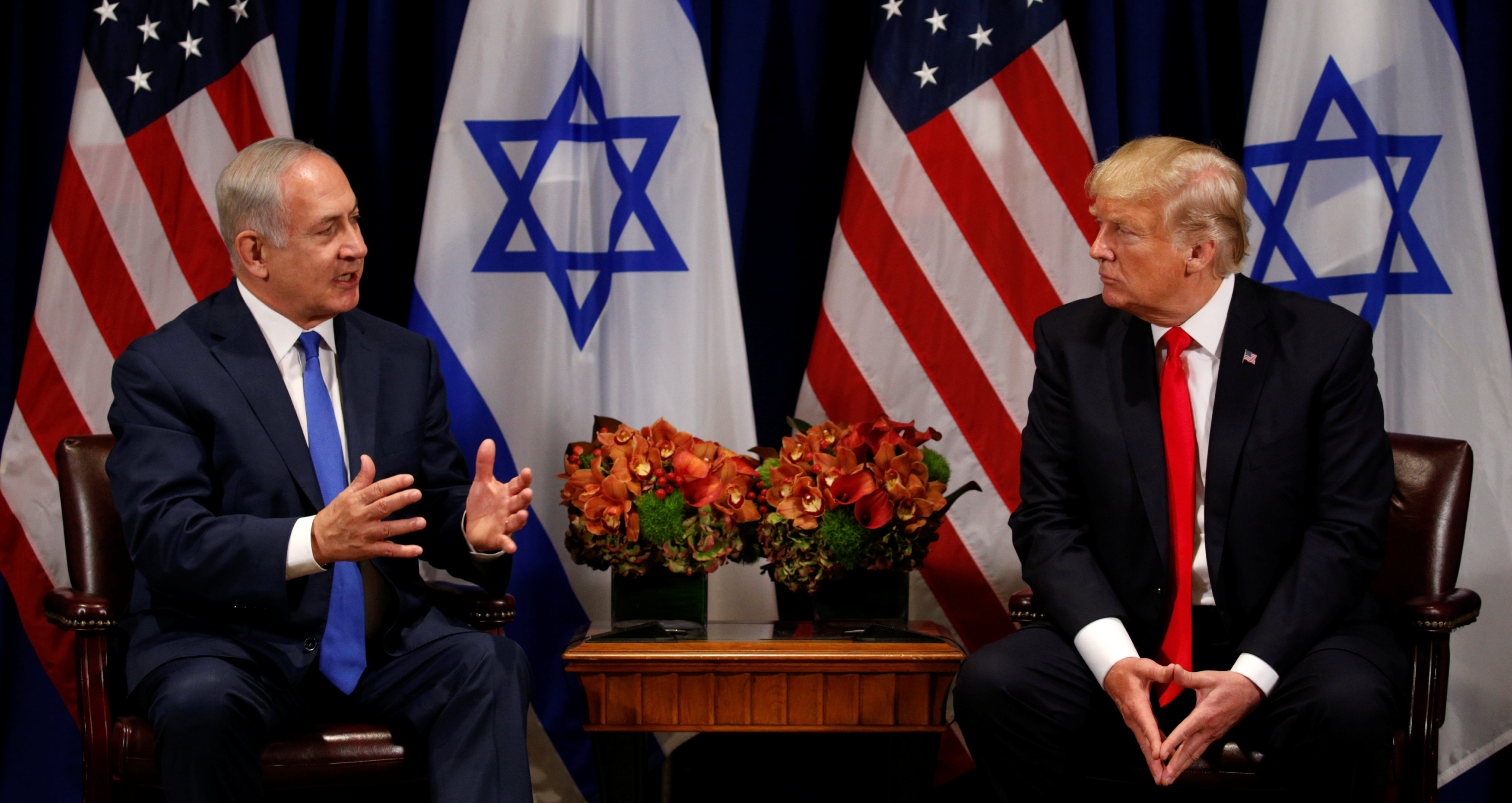 U.S. President Donald Trump meets with Israeli Prime Minister Benjamin Netanyahu in New York, U.S., September 18, 2017. REUTERS/Kevin Lamarque