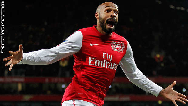 ATTENTION EDITORS: RECROP VERSION
Arsenal's French player Thierry Henry, on loan from New York Red Bulls, celebrates scoring a goal during the third round FA Cup football match between Arsenal and Leeds United at The Emirates Stadium in London, on January 9, 2012. AFP PHOTO/IAN KINGTON
RESTRICTED TO EDITORIAL USE. No use with unauthorised audio, video, data, fixture lists, club/league logos or "live" services. Online in-match use limited to 45 images, no video emulation. No use in betting, games or single club/league/player publications. (Photo credit should read IAN KINGTON/AFP/Getty Images)