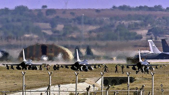 (FILES) A file photo taken on January 10, 2001 shows US airforce F-16 warplanes lining to take off from the Incirlik Airbase. The United States would like to use a key Turkish air base to provide logistical support for its troops deployed in Iraq, the head of the US Central Command said 11 January 2005. The Incirlik base, in southern Turkey, "is a Turkish base, not an American base. We look forward to use the facilities there as an ally," General John Abizaid told reporters after talks with Turkish Foreign Minister Abdullah Gul. AFP PHOTO / TARIK TINAZAY (Photo credit should read TARIK TINAZAY/AFP/Getty Images)