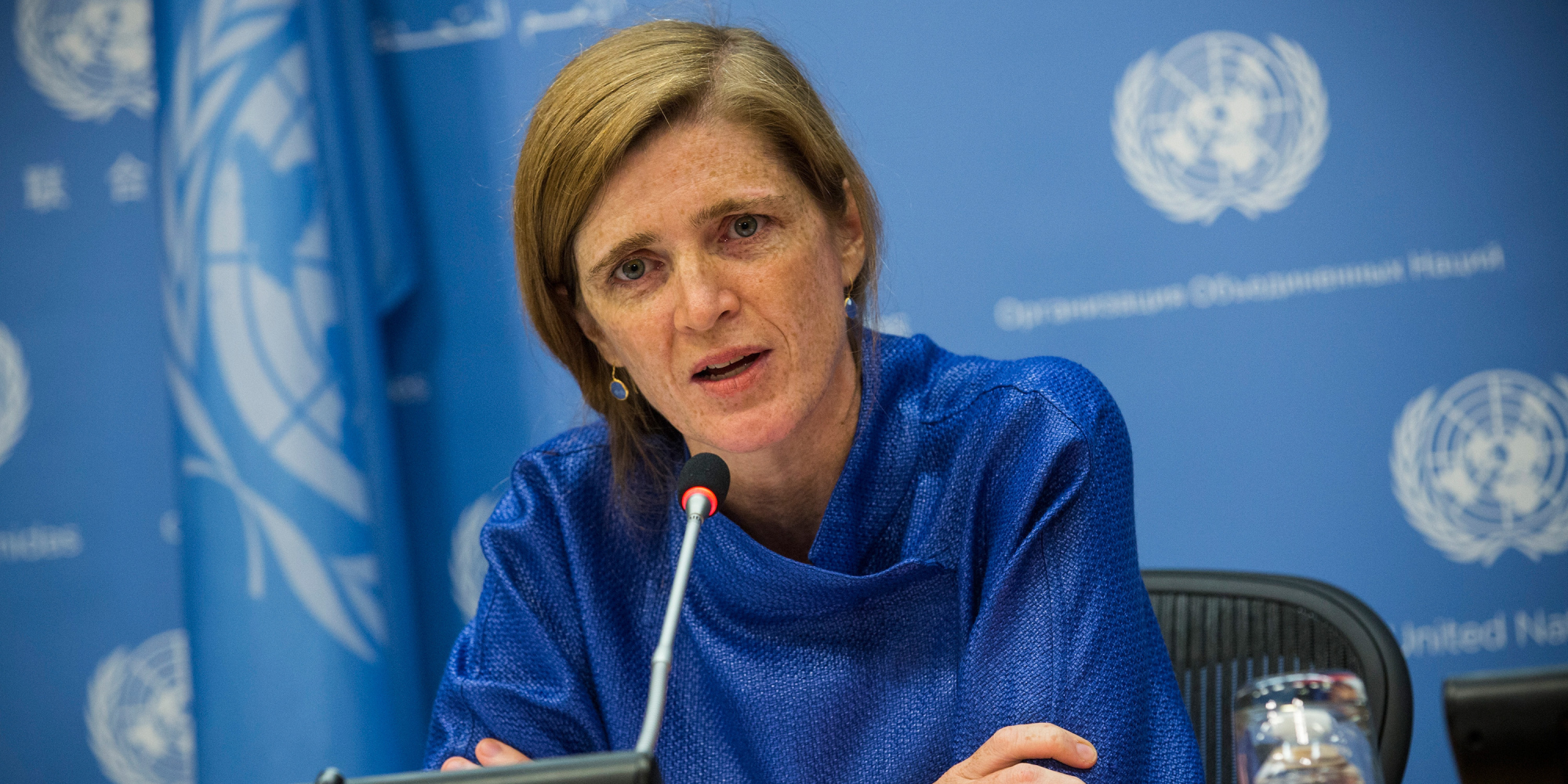 NEW YORK, NY - SEPTEMBER 03: United States Ambassador to the United Nations (U.N.) Samantha Power holds a press conference on September 3, 2014 in New York City. Power answered questions on foreign extremist Islamist fighters joining ISIS in Syria and Iraq and the most recent Israeli-Palestinian peace deal, amongst other topics. (Photo by Andrew Burton/Getty Images)