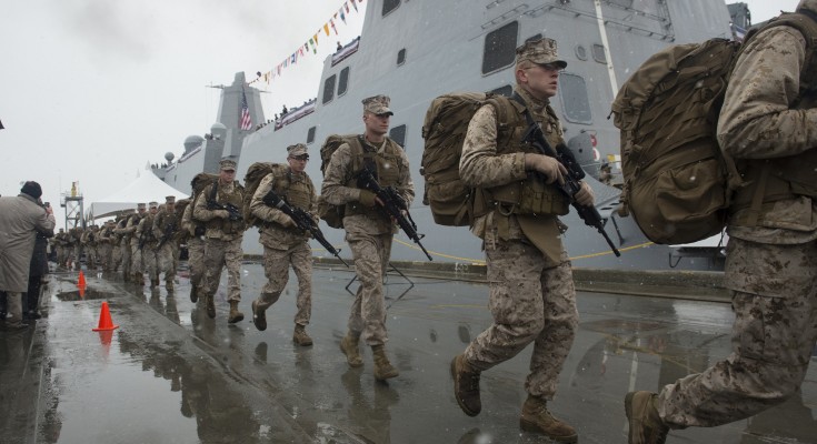 130504-N-DR144-818 ANCHORAGE, Alaska (May 4, 2013) Marines assigned to Task Force Denali run to bring the ship to life during the commissioning of the San Antonio-class amphibious transport dock ship USS Anchorage (LPD 23) at the Port of Anchorage. More than 4,000 people gathered to witness the ship's commissioning in its namesake city of Anchorage, Alaska. Anchorage, the seventh San Antonio-class LPD, is the second ship to be named for the city and the first U.S. Navy ship to be commissioned in Alaska. (U.S. Navy photo by Mass Communication Specialist 1st Class James R. Evans/Released)