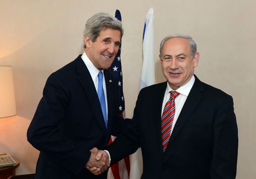 JERUSALEM, ISRAEL - APRIL 09: In this handout image provided by U.S. Embassy Tel Aviv, Israel's Prime minister Benjamin Netanyahu shakes hands with U.S. Secretary of State John Kerry on April 09, 2013 in Jerusalem, Israel. Secretary Kerry is in the region to meet with Israeli and Palestinian officials in an attempt to help restart the peace process.
(Photo by Matty Ster/U.S. Embassy Tel Aviv via Getty Images)